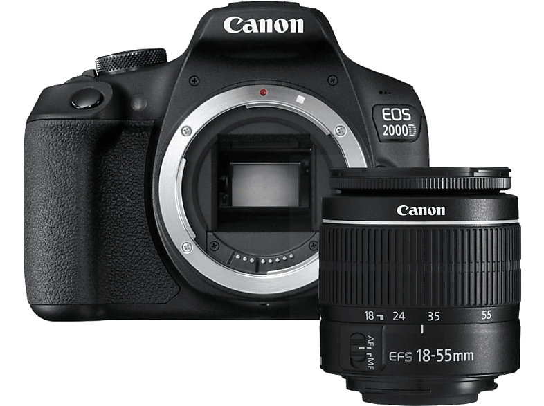 Kit cámara réflex - Canon EOS 2000D, 24.1 MP CMOS APS-C, Vídeo Full HD, Negro + Objetivo Canon EF-S 18-55 mm f/3.5-5.6 DC III