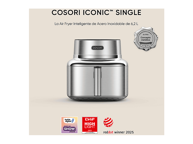 Freidora de aire - Cosori Iconic Single Chef Edition, 6.2L, 1725 W, 6 Funciones, Acero inoxidable — foto 6
