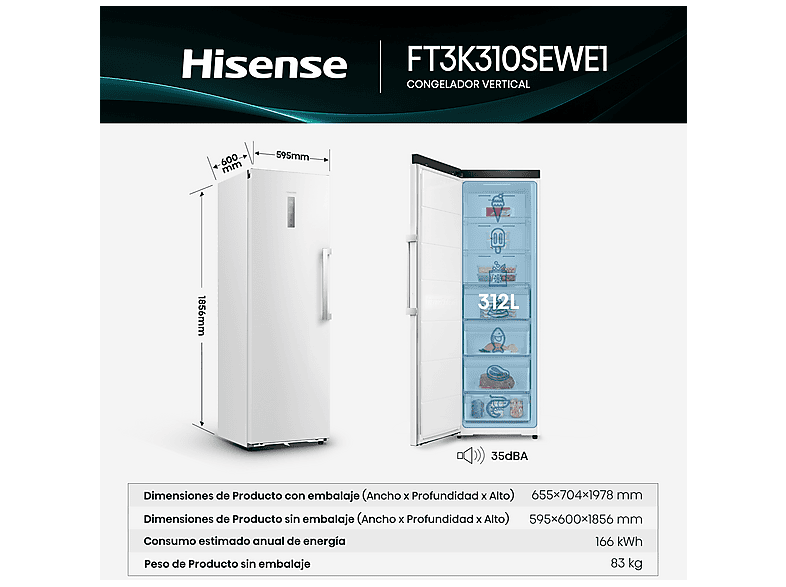 Congelador vertical - Hisense FT3K310SEWE1, 312 l, 185.6 cm, Kitchen Fit, Wi Fi, Blanco — foto 3
