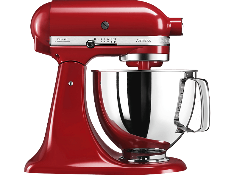 Robot amasador - KitchenAid Artisan 5KSM125EER, 300W, 4.8 l, Hasta 220 rpm, 4 accesorios, Rojo