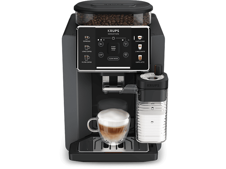 Cafetera superautomática - Krups Sensation Milk EA912B, 15 bar, 1450 W, 1.7 L, 6 modos, 2 tazas, Depósito de leche 0.3 L, Táctil, Gris