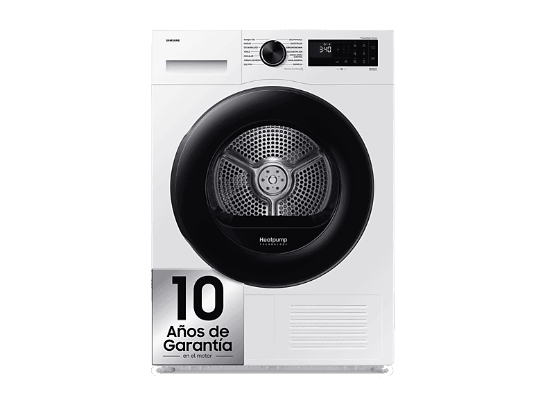Secadora bomba de calor - Samsung DV90DG52A0AEEC, 9 kg, 14 programas, Hygiene Care, Inteligencia Artificial y SmartThings Clase C, Blanco