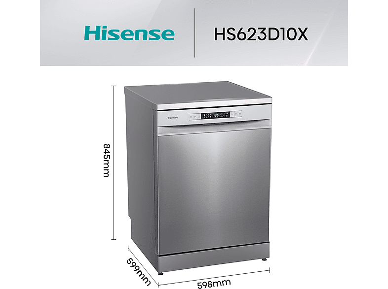Lavavajillas - Hisense HS623D10X, 14 servicios, 7 programas, 60 cm, Media Carga, Tercera bandeja, Inox — foto 2