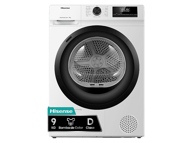 Secadora bomba de calor - Hisense DHQE900UWDC, 9 kg, 16 programas, Anti arrugas, Secado automático, Blanco