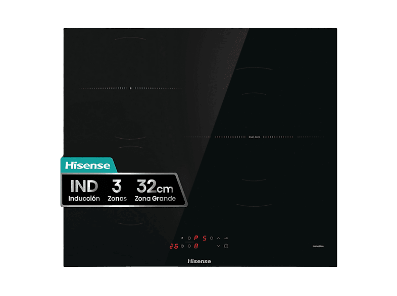 Placa inducción - Hisense HI6321BSCE, Zona XL 32cm, Calentamiento rápido, Zonas conectables, 59 cm, Negro