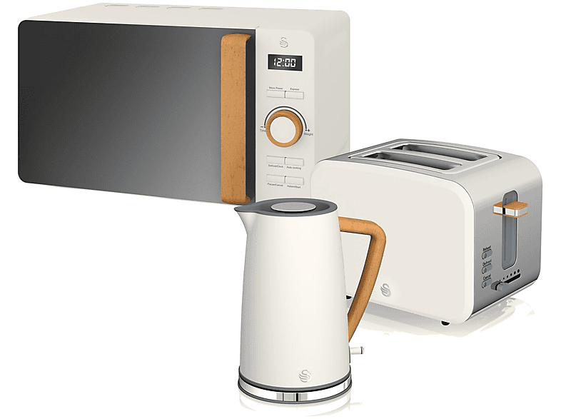 Set Desayuno - SWAN STRP1060WHTNEU, Nordic Set Desayuno, Hervidor Agua 1,7L, Tostadora  2 rebanadas, Microondas 20L Digi, 2200 W, 2 ranuras, 2 rebanadas, Blanco