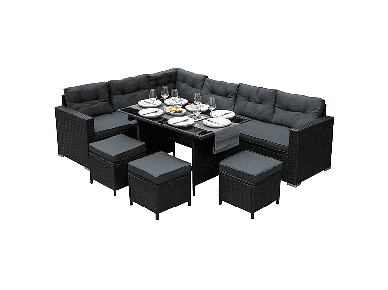 Conjunto de jardín - MONSTER Ratán 9 plazas, 240 cm x 180 cm x 70 cm, Negro