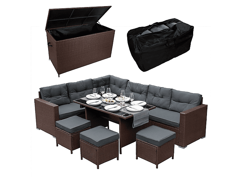 Conjunto de jardín - MONSTER Comedor de Ratán y Caja de Almacenamiento - Marrón, 240 cm x 180 cm x 70 cm, Marrón