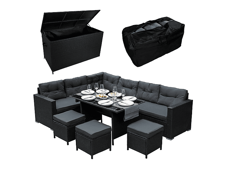 Conjunto de jardín - MONSTER Comedor de Ratán y Caja de Almacenamiento - Negro, 240 cm x 180 cm x 70 cm, Negro