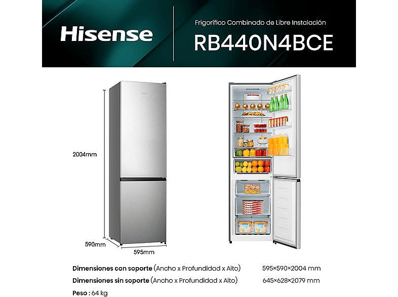 Frigorífico combi - Hisense RB440N4BCE, 200.4 cm, 336l, Freshzone, Iluminación LED, Multi Airflow, Inox — foto 3