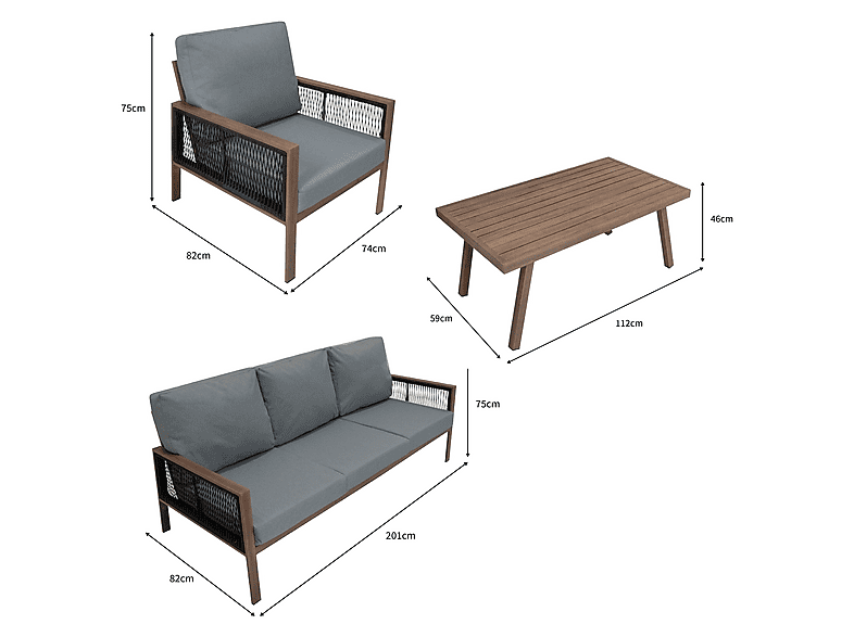Conjunto de jardín - MONSTER De aluminio 5 plazas (4 piezas) - Efecto madera, 201 cm x 82 cm x 75 cm, Gris — foto 5
