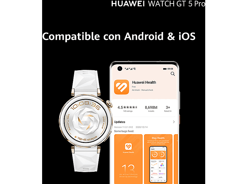 Smartwatch - Huawei Watch GT5 Pro 42mm, Llamadas Bluetooth, Respuesta con Teclado, Mapas Campos Golf, 7 días batería, Correa Fluoroelastómero Blanco — foto 5