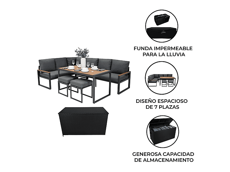 Conjunto de jardín - MONSTER Esquinero de aluminio Efecto Madera + Caja en ratán negro, 241 cm x 173,5 cm x 66 cm, Marrón — foto 2
