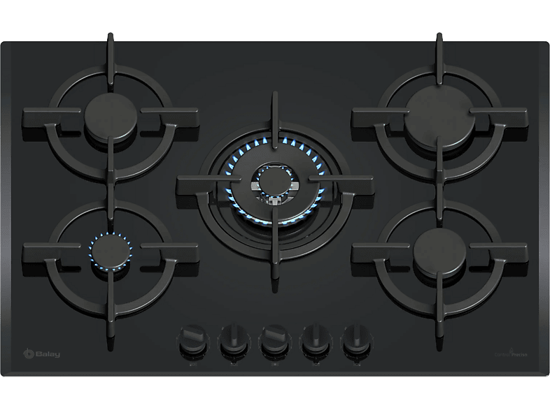Placa de gas - Balay 3ETG676RB, 5 zonas, 28 cm zona grande, Gas butano, 75.2 cm, Negro