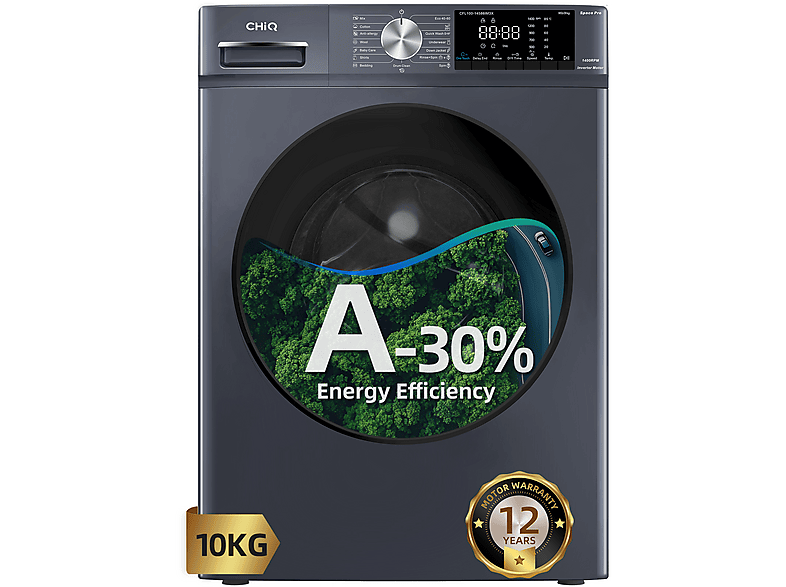 Lavadora carga frontal - CHIQ CFL100-14586IM3XA, Space PRO, Motor inverter, 1400 rpm, Programa inteligente, Función Vapor, 10 kg, 1400 rpm, 16 programas, Gris oscuro