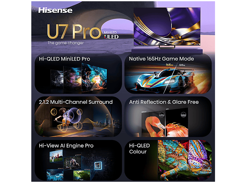 TV Mini LED 55" - HISENSE 55U7S PRO, UHD 4K, Quad Core/MT9655, Smart TV, DVB-T2 (H.265), Black — foto 3