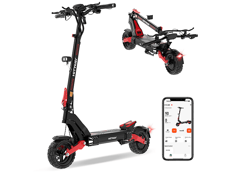 Patinete eléctrico - HITWAY H10, Pot. máx. 1600 W, Carga máx. 120 kg, 20800,00 mAh, H10-Rojo