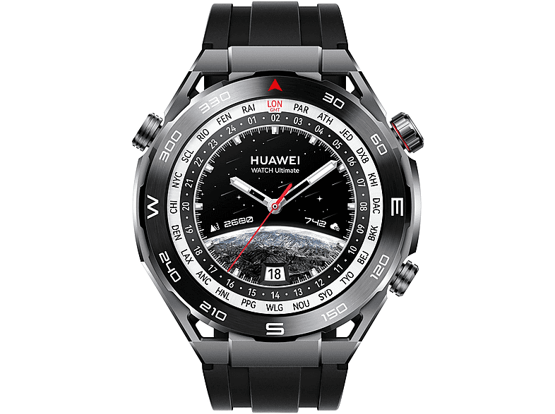 Smartwatch - HUAWEI WATCH ULTIMATE BLACK, 22 mm, Tapa frontal de circonio amorfo + tapa trasera de cerámica + pantalla de cristal de zafiro + bisel de cerámica, Negro