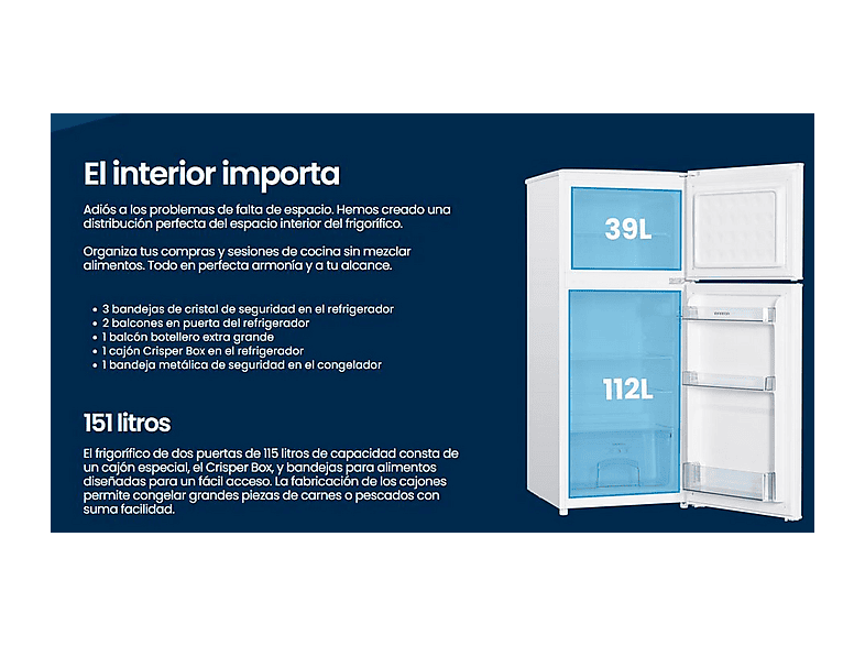 Frigorifico dos puertas - INFINITON FG-151D12BEV, Ciclico, Altura 122 cm, Capacidad 151 l, Blanco — foto 3