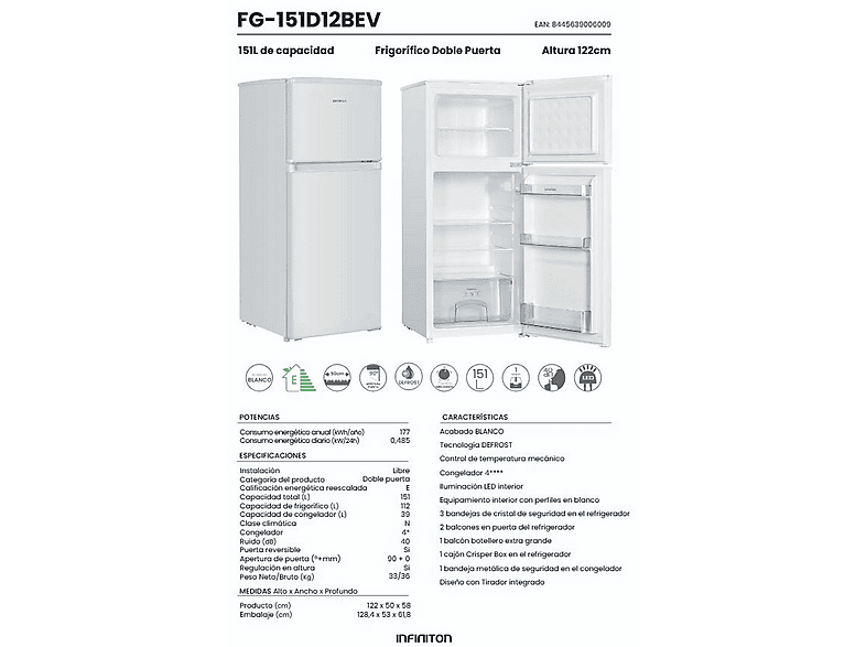 Frigorifico dos puertas - INFINITON FG-151D12BEV, Ciclico, Altura 122 cm, Capacidad 151 l, Blanco — foto 4