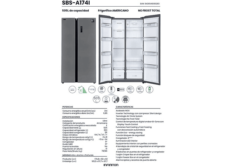 Frigorifico americano - INFINITON SBS-A174I, No Frost, Altura 176,8 cm, Capacidad 505 l, Inox — foto 2