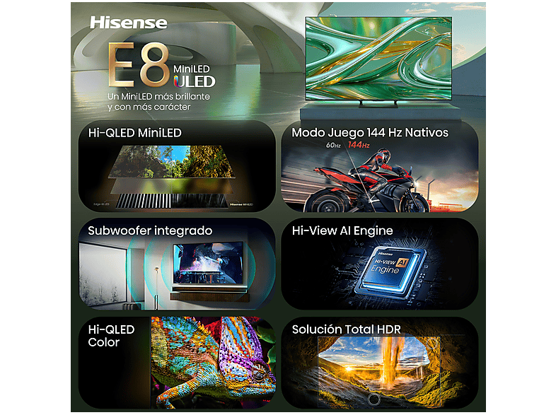 TV Mini LED 85" - Hisense 85E8S, UHD 4K, Quad Core / MT9618, Total HDR, Subwoofer integrado, IA 4K, Negro — foto 8