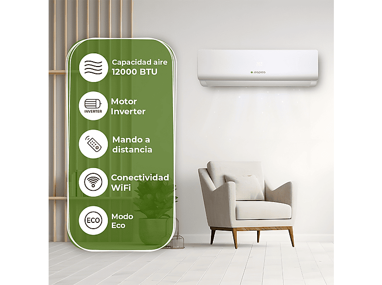 Aire acondicionado Split 1x1 - ASPES AAAS1200W, 12000 fg/h, Función Inverter, Blanco — foto 4