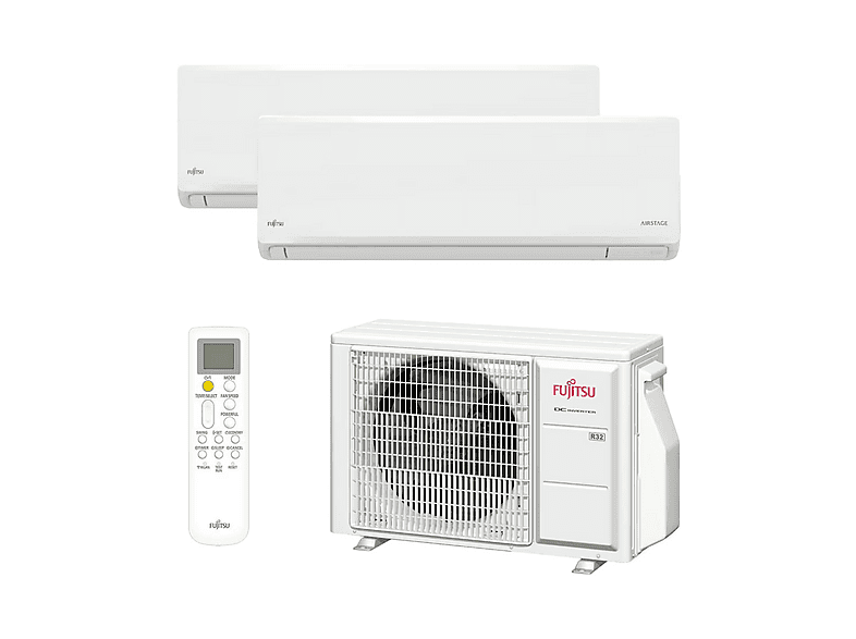Aire acondicionado Split 2 x 1 - FUJITSU ASY25U2MI-KN 3NGF0140, 2150 fg/h, Función Inverter, Blanco