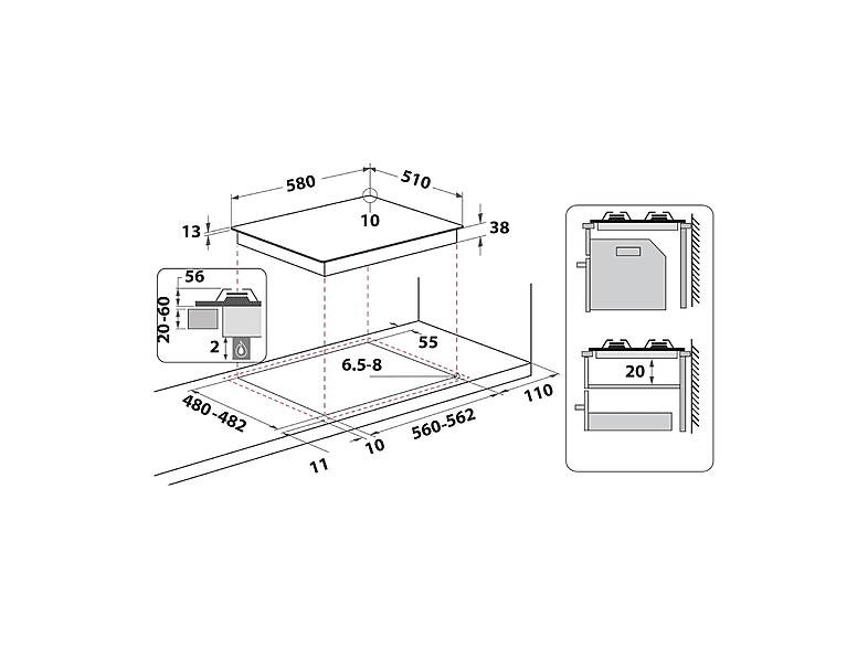 Placa de gas - INDESIT THP 642 W/IX/I 1, 4 zone(s) zonas, 58 cm, Acero inoxidable — foto 6