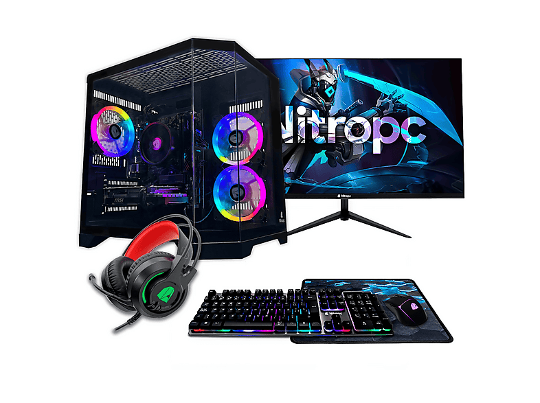 PC Gaming - NITROPC Pack Silver, AMD Ryzen 5 5500 (6 núcleos, 12 hilos | 3,60 GHz hasta 4,20 GHz), Monitor 24" 120Hz IPS, 16 GB RAM, 1 TB SSD, GeForce RTX™ 3050, Windows 11 Pro, Negro