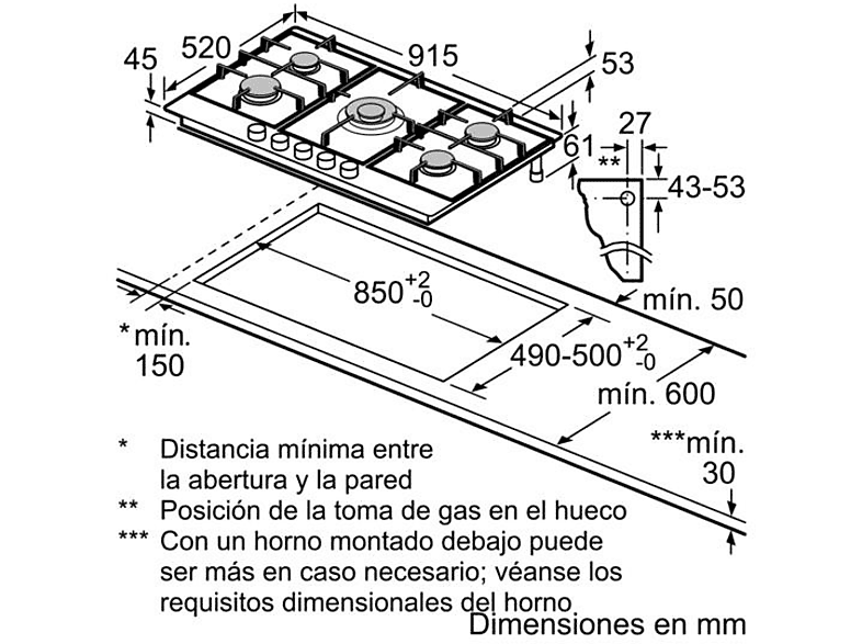 Placa gas - Bosch PCR9A5B90, 5 zonas, Gas natural, Inox — foto 4