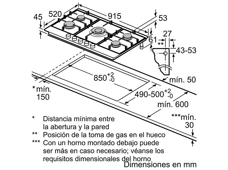 Placa gas - Bosch PCR9A5B90, 5 zonas, Gas natural, Inox — foto 12