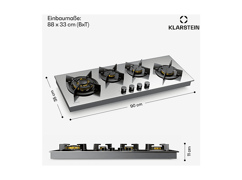 Placa de gas - KLARSTEIN Goldflame Slim, 4 zonas, 90 cm, Plata — foto 7