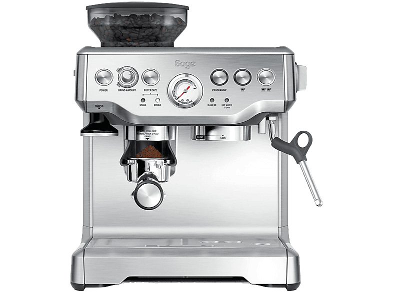 Cafetera express - Sage SES875BSS2EEU1A Barista, 15 bar, 1850 W, 2 tazas, Sistema ThermoJet, Inox