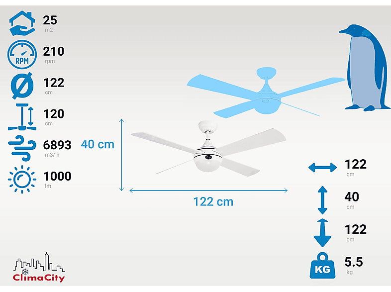 Ventilador de techo - KLASSFAN RIAICA, 40 W, 6 velocidades, Blanco — foto 2