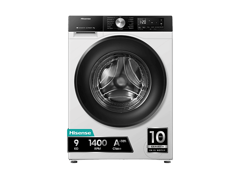 Lavadora carga frontal - Hisense WF3S9043BW3, 9 Kg, 1400 rpm, 14 programas, WiFi&Bluetooth, Clase A-30%, Blanco