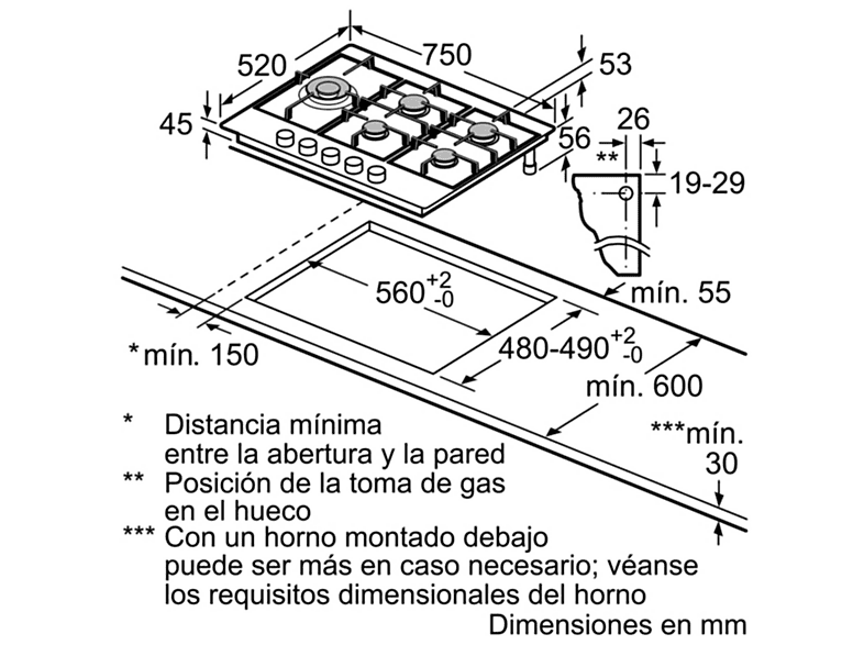 Placa de gas - BOSCH PCS7A5B90, 5 zonas, A la derecha, detrás, 750 mm, Inox — foto 4