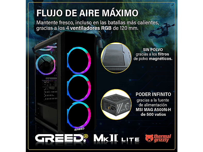 PC Gaming - GREED MK2 Intel Lite | Gaming Ordenador / Computer, Intel Core i5 10400F, 32 GB RAM, 512 GB SSD, GeForce RTX™ 3050, Windows 11 Pro, Negro — foto 4