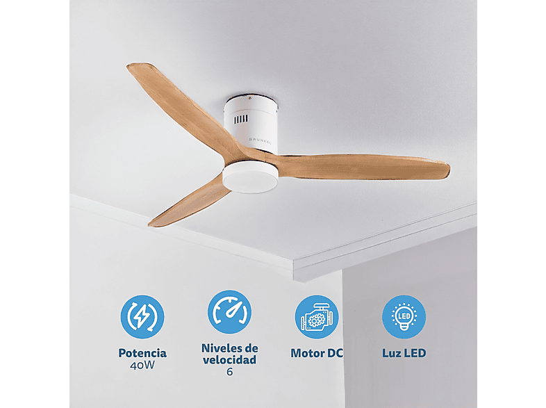 Ventilador de techo - GRUNKEL Con luz LED SKYWIND-52WB, 40 W, 6 velocidades, Blanco, Madera — foto 3