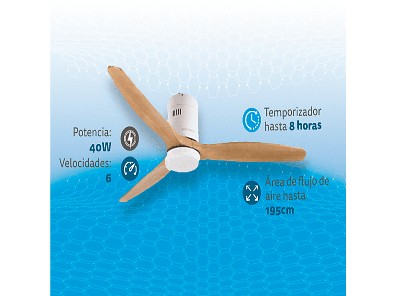 Ventilador de techo - GRUNKEL Con luz LED SKYWIND-52WB, 40 W, 6 velocidades, Blanco, Madera — foto 8