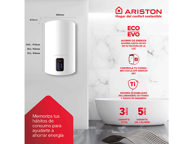 Termo Eléctrico  - LYDOS WIFI 100 V 1,5K EU + INSTA + POLIF ARISTON, 100 l, Blanco — foto 3
