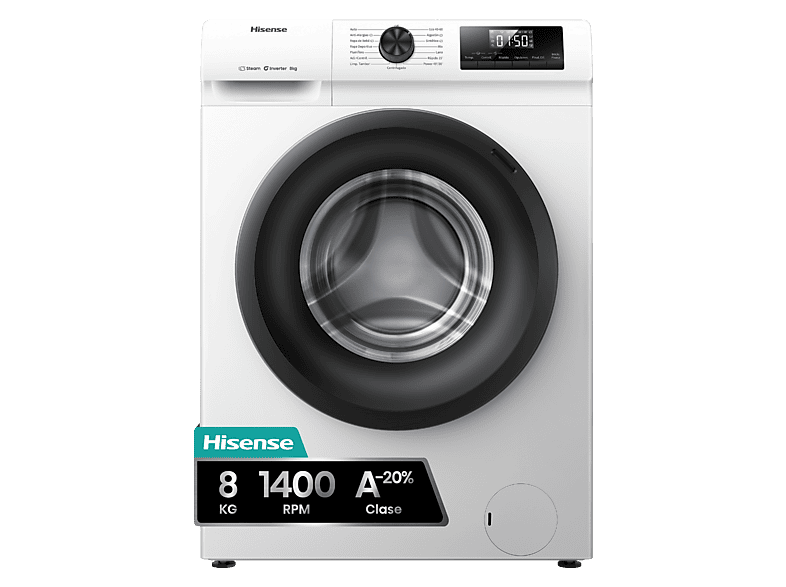 Lavadora carga frontal - Hisense WF1Q8041BW, 8 kg, 1400 Rpm, Función Vapor, Eficiencia A-20%, Blanco