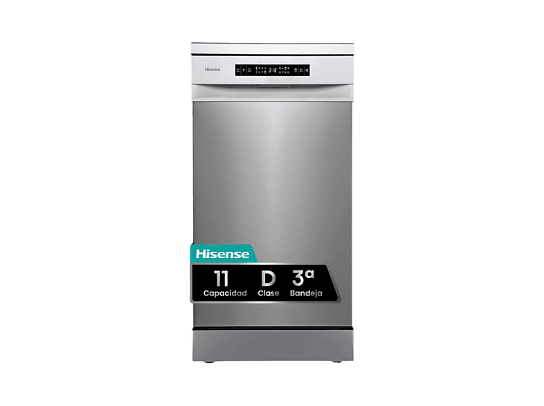 Lavavajillas - Hisense HS543D10X, 11 servicios, 8 programas , 44.8 cm, Motor Inverter, Tercera bandeja, Inox