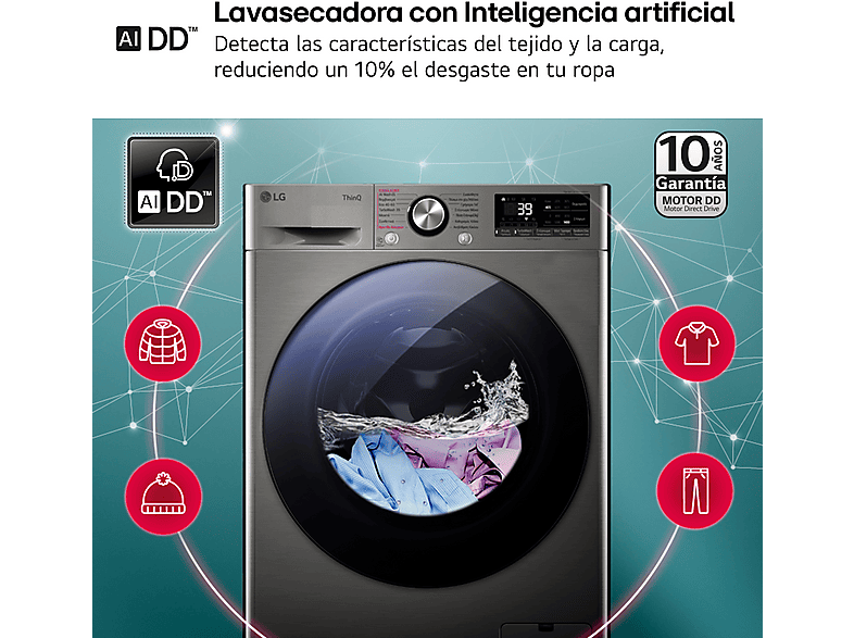 Lavadora secadora - LG F4DR7009AGS, Serie 700, 9 kg/6 kg, 1400 rpm, 14 programas, Inox antihuellas — foto 4