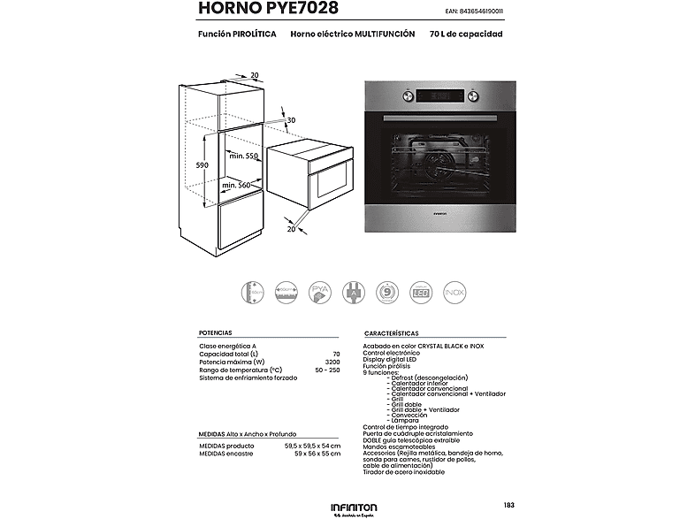 Horno multifunción - INFINITON PYE7028, Integrable, Sí, 70 l, 575 mm, Inox — foto 2