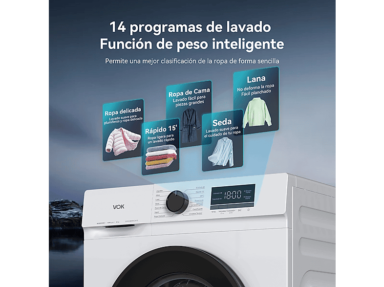 Lavadora de carga frontal - VOK EVW-12BAW12, Motor Inverter, 12 kg, 1200 rpm, 14 programas, Blanco — foto 6