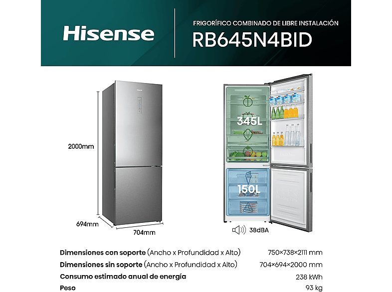 Frigorífico combi - Hisense RB645N4BID, Total No Frost, 200 cm, Ancho 70 cm, 495 l, Inverter, Multi Air Flow, Inox — foto 3