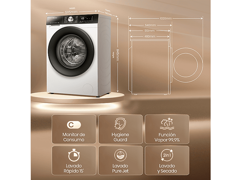 Lavadora secadora - Hisense WD3S8043BW3, 8 kg/5 kg, 1400 rpm, 16 programas. Clase A-30%, WiFi, Blanco — foto 3