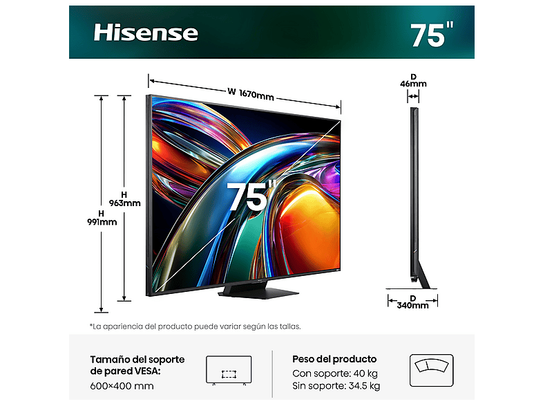 TV RGB Mini LED 75" - Hisense 75UR9S, UHD 4K, Quad Core / MT9655, Hi-View AI Engine RGB, Tuned by Devialet, Anti Reflejo, Negro — foto 4