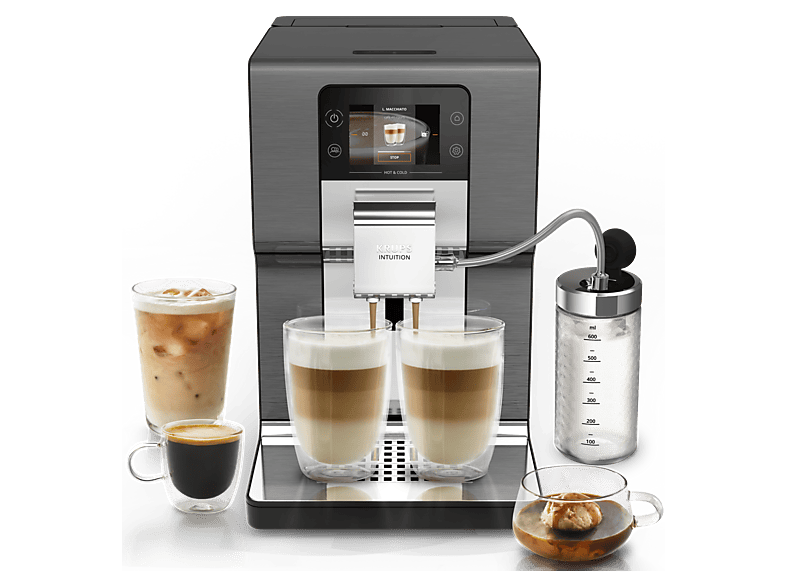 Cafetera superautomática - Krups Intuition Experience Hot&Cold, Pantalla táctil , 36 Recetas, Jarra de leche, Titanio, 15 bar, 2 tazas, Negro